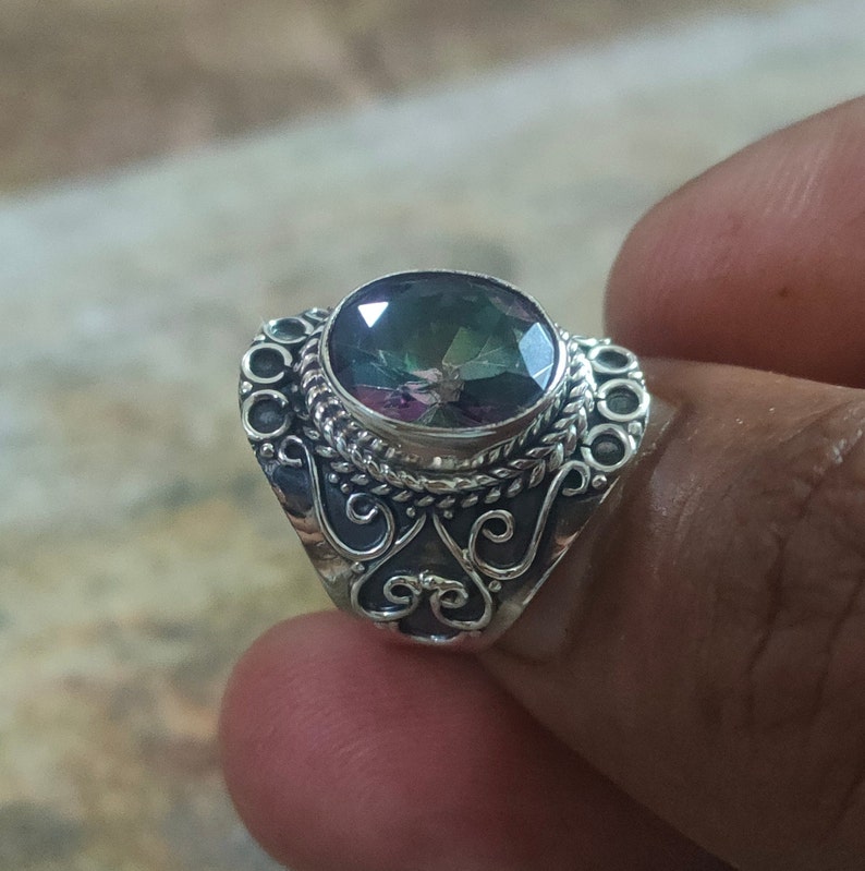 Mystic Topaz ring, 925% silver ring, Rainbow stone ring, Dainty ring, vintage style ring,Delicate ring,Gypsy bohemian ring,Boho wedding ring image 3