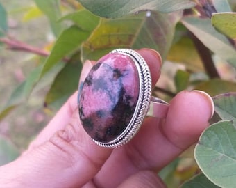 Rhodonite ring, 92.5% silver ring, Pale pink stone ring, Rhodonite jewelry, Statement ring, Best Gifts for Mom, Boho Ring, Big Stone Ring