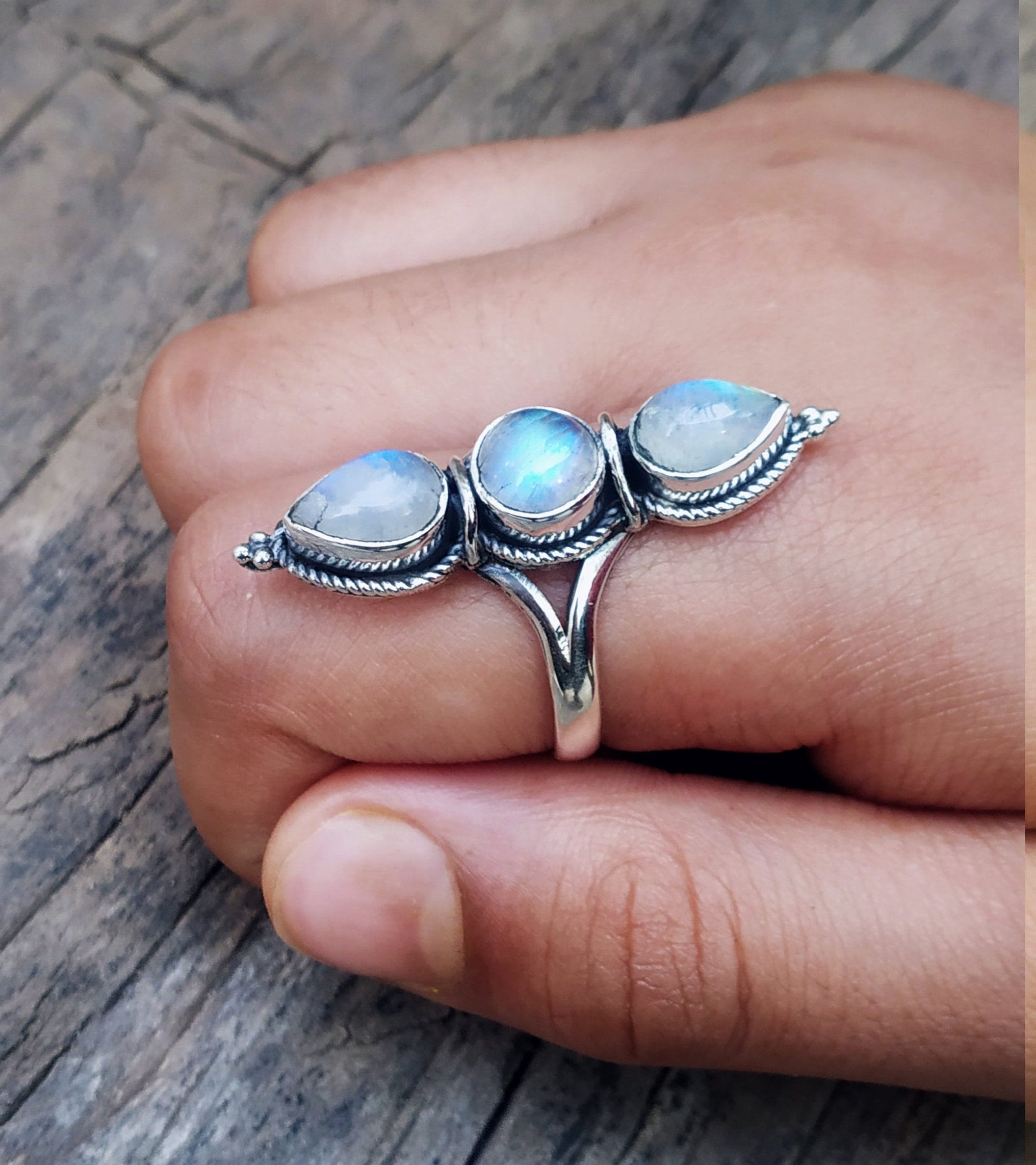 Moonstone Ring 92.5 silver ring Full Finger Long ring Three Etsy