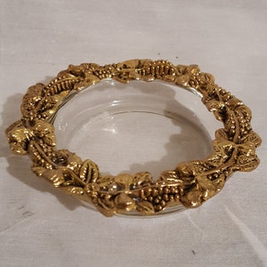 Signed Celeste gold ormolu metal ornate grapevine leaf pattern rim clear glass victorian vanity pin trinket dish jewery tray