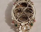 Florenza jeweled heavy white metal 4 tube lipstick footed vanity holder tray floral pearl green pink rhinestone accented