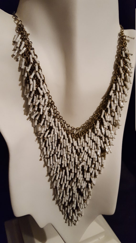 Art deco white glass seed bead fringe waterfall f… - image 2