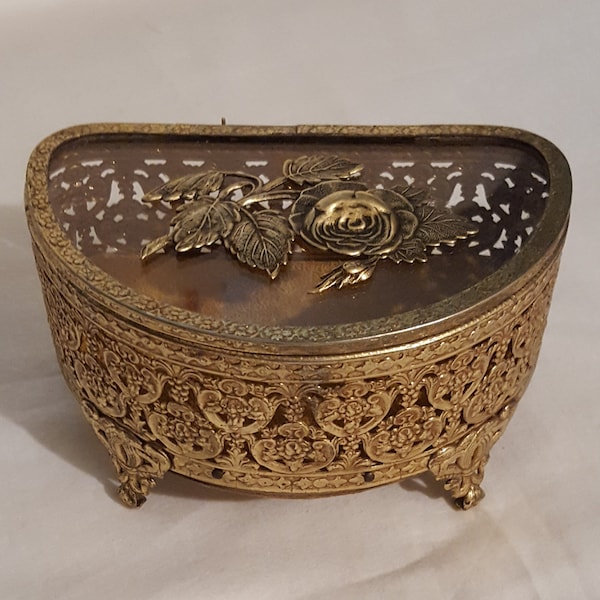 Gold rose glass lid ormolu flower pattern brass metal half round footed filigree vanity jewelry casket trinket box hinge lid gold velvet