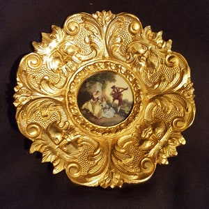RARE Limoges miniature porcelain plate wall plaque garden serenade gold gilt heavy brass metal neoclassical repousse frame handpainted Italy