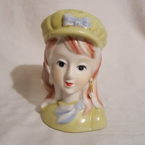 Midcentury hand painted Nippon elegant lady woman bonnet & faux pearl earrings planter flower head vase vintage ceramic art pottery