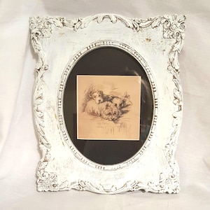 14 x 12&quot; terrior west highland westie dog hand drawn pencil etching print in ornate victorian style white washed molded plastic frame homco
