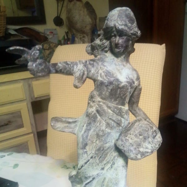14" bronze girl with bird & basket or flowers sculpture figure garden accent