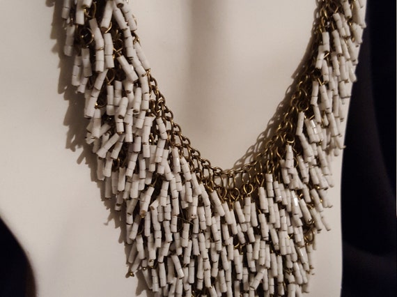 Art deco white glass seed bead fringe waterfall f… - image 4