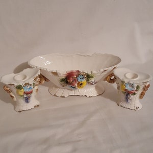 Midcentury ceramic porcelain china white dimensional fruit flower pattern console bowl candleholder set gold trim bamboo handles grapes pear
