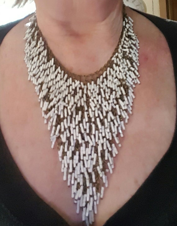 Art deco white glass seed bead fringe waterfall f… - image 8