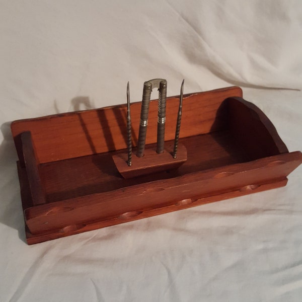 Midcentury wood long carved nut cracker tray with metal cracking pick utensils wooden rustic country home decor pecan walnut serving storage