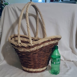 Lg. 22.5&quot; tall handcrafted brown wicker natural stripe basket double carry handle easter table centerpiece garden gathering flower container
