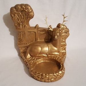 Lg. vintage chalkware gold stag buck deer country scene ashtray holder stand man cave lodge country decor accessory