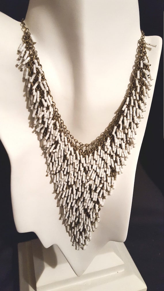 Art deco white glass seed bead fringe waterfall f… - image 1