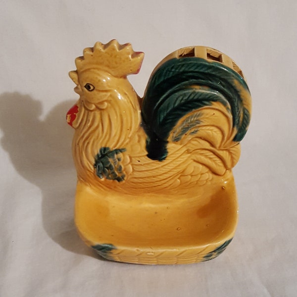 Vintage ceramic chicken rooster measuring spoon dish scour pad holder stand ring dish kitchen sink counter helper utensil