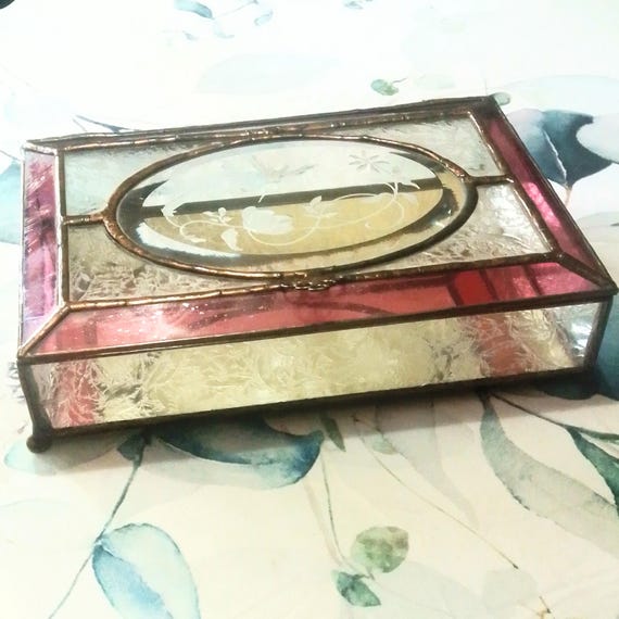9" Stained & etched glass mirrored jewelry casket box hummingbird flower