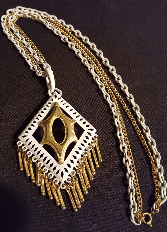 Unique white & goldtone double chain necklace with