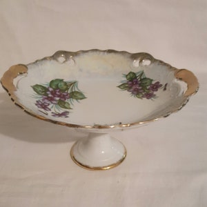 Norcrest pierced porcelain ceramic pedestal footed gold handle bowl dish compote desert stand luster finish gold trim purple violets spring