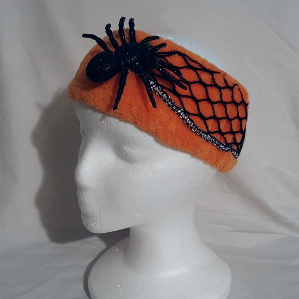 OOAK Comfortable wide orange terry scrungie turban fascinator headband halloween headdress dimensional black sparkle spider crochet web