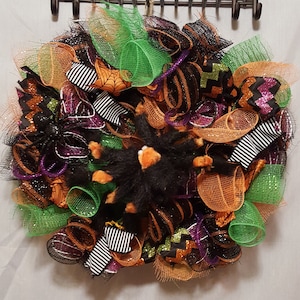 Handcrafted 20&quot; halloween wreath raw cut orange green black purple mesh glitter ribbon lg. furry spider centerpiece fall door decor