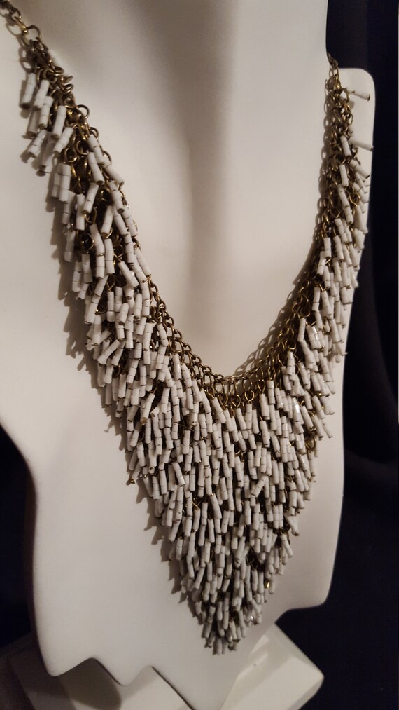 Art deco white glass seed bead fringe waterfall f… - image 3