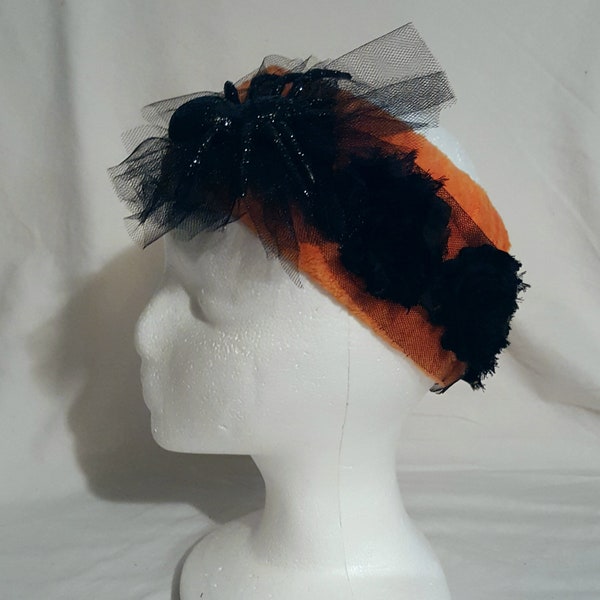 OOAK Comfortable wide orange terry scrungie turban fascinator headband halloween headdress dimensional black sparkle spider & roses on tulle