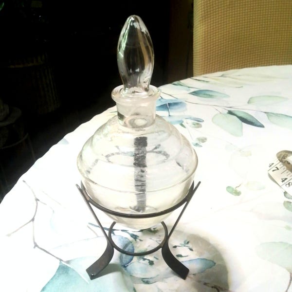 Original apothecary globe carboy pharmacy display jar in metal stand 1950