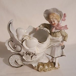 Antique DEP German porcelain bisque victorian lady girl floral wheelbarrow cart spill vase figurine Karl Unger 1800's handpainted enameled