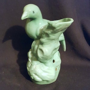 Vintage 9&quot; tall aqua ceramic flower frog vase large bird on floral branch bouquet flower holder