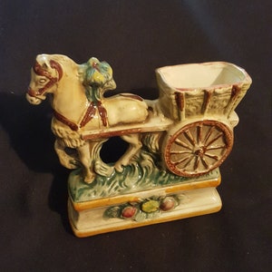 Capodimonte italian porcelain white horse wagon wheel cart vase vintage collectible country home decor made in italy 7.5 x 7 X 2&quot;