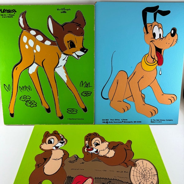 3 Vintage Disney Wooden Puzzles - Playskool Puzzle - Judy Instructo Puzzle - Bambi Puzzle - Pluto Puzzle - Chip and Dale Puzzle