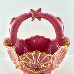 R B Albobaca Portugal Pink and Gold Vase Basket Bowl with Pink and Gold Fish Handles