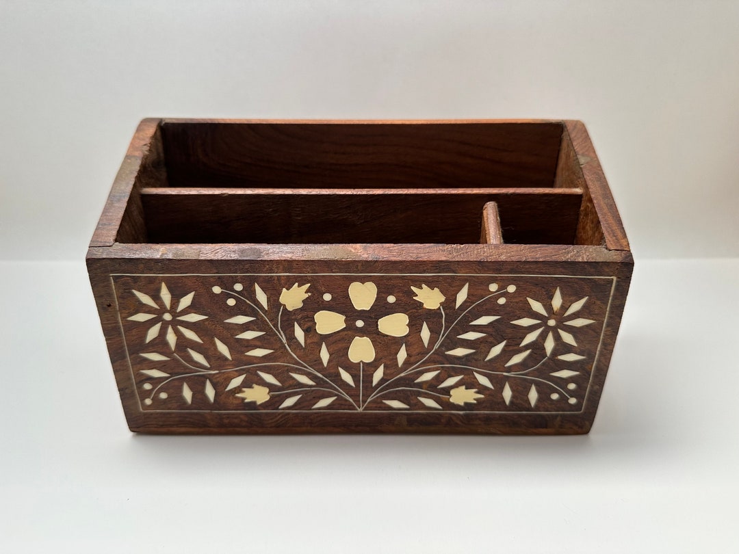 Wooden Desk Organizer Wood Inlay Desk Organizer Letter Etsy