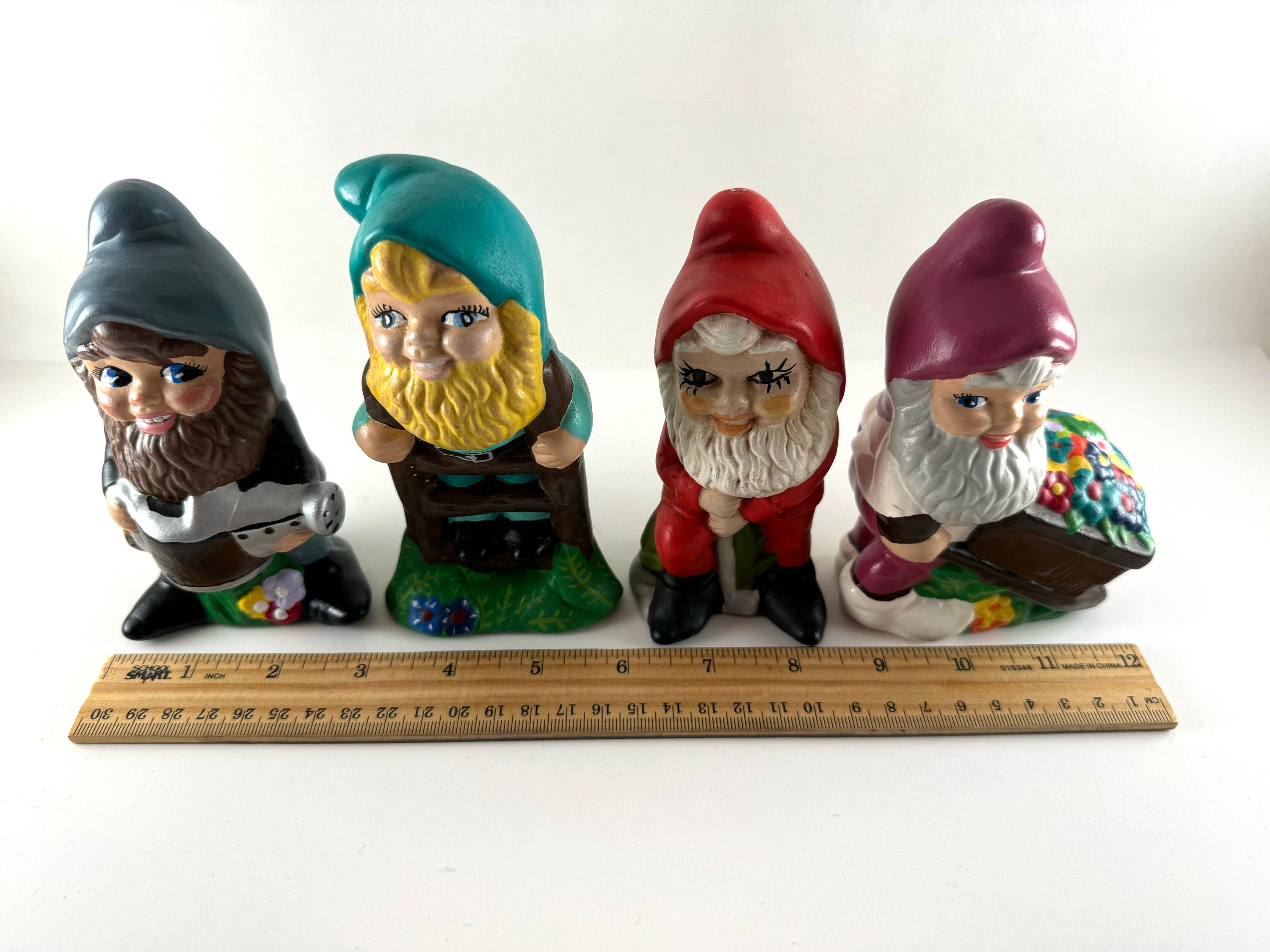 Set of 4 Vintage Gnome Figurines Vintage Hand Painted Gnome Figurines
