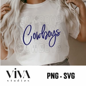 May include: A white t-shirt with the word "Cowboys" repeated in a stacked pattern in a dark blue color. The word "Cowboys" is written in a cursive font.
