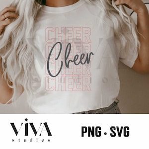 May include: White t-shirt with the word "Cheer" repeated in a stacked pattern in red outlined boxes. The word "Cheer" is written in a cursive font in grey.