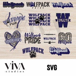 Puede incluir: Un conjunto de 10 archivos de corte digital con las palabras "Wolfpack" y "Pride" en varios estilos y diseños. Los diseños incluyen una huella de pata, un corazón, una pelota de béisbol y una letra W. Los diseños son en negro, blanco y azul.