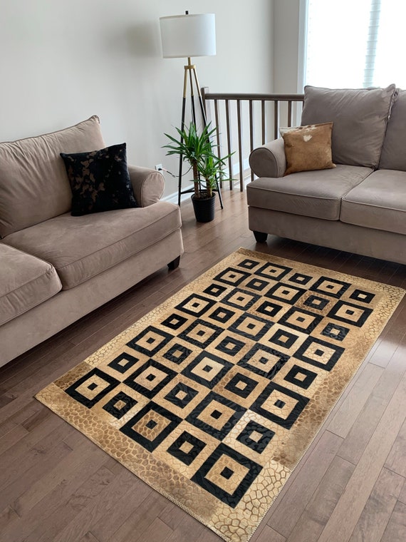 Rindsleder Patchwork Teppich / Natur Rindsleder Patchwork Handgemachter Teppich Echt Kuhfell Braun Patchwork Rechteck Form Teppich