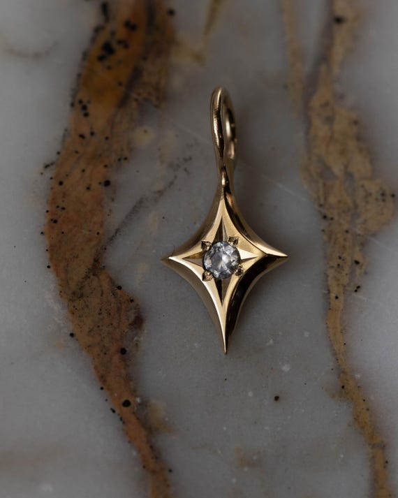 Gold Nova Star Charm- White Sapphire/Diamond- 14k solid gold