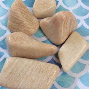 May include: Six smooth, light brown, polished stones with a striated pattern. The stones are arranged on a blue and white patterned surface.