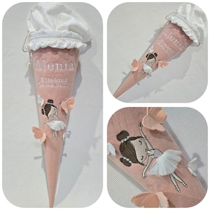 Ballerine d'école en forme de cône avec jupe 3D et papillons (W/R) / pois blancs dorés - volants - lin rose par Sharlene Babymode - fait main