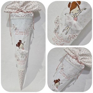 Cône d'école - Ballerine avec jupe 3D et papillons - Fleurs roses / dentelle / pois or blanc / dentelle / fleurs roses - par Sharlene Babymode