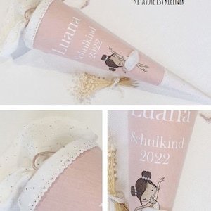 Kitatüte - Sac pour frères et sœurs avec ballerine et jupe 3D/avec nom - pois or blanc - lin rose - pois or blanc - dentelle - par Sharlene