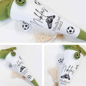 Printed school cone with name / football & school child 2024 - linen green / linen white / linen green from Sharlene Babymode