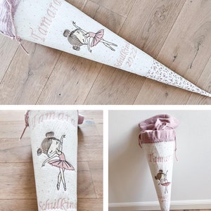 Embroidered school cone for girls ballerina / dancer - school cone old rose/muslin gold dots/rose white flowers by Sharlene Babymode