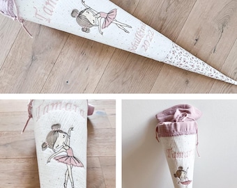 Embroidered school cone for girls ballerina / dancer - school cone old rose/muslin gold dots/rose white flowers by Sharlene Babymode