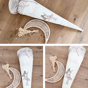 Cône d'école brodé pour filles ballerines/danseuses - cône d'école fleurs roses/mousseline pois dorés/fleurs roses par Sharlene Babymode
