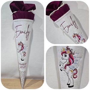 Cône d'école brodé licorne - Pois bordeaux - dentelle / pois or blanc / fleurs blanches roses - dentelle - par Sharlene Babymode