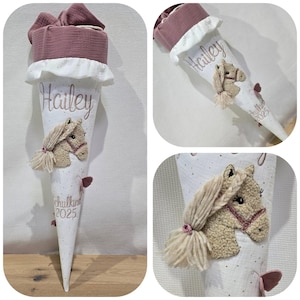 Cône d'école - poney avec licol pailleté - avec volants et papillons 3D - vieux rose / pois or blanc - par Sharlene Babymode - fait main