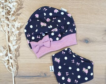 SET Bow Hat & Scarf - Dark Blue Polka Dot Bows (Brom.M.) - Baby Hat, Winter, Autumn, Spring, Baby Hat, Sharlene Babymode
